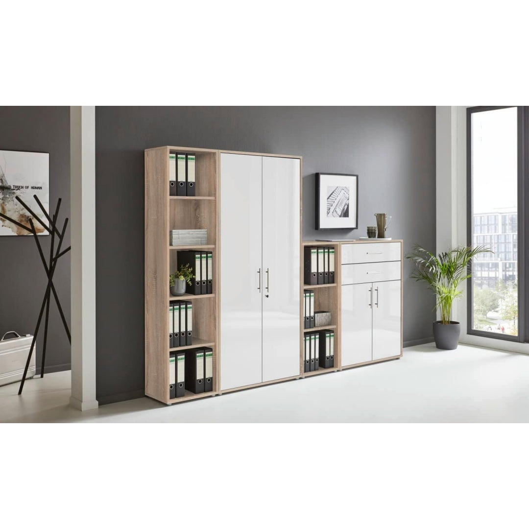 set arredo studio bianco acciaio inox con ripiani regolabile